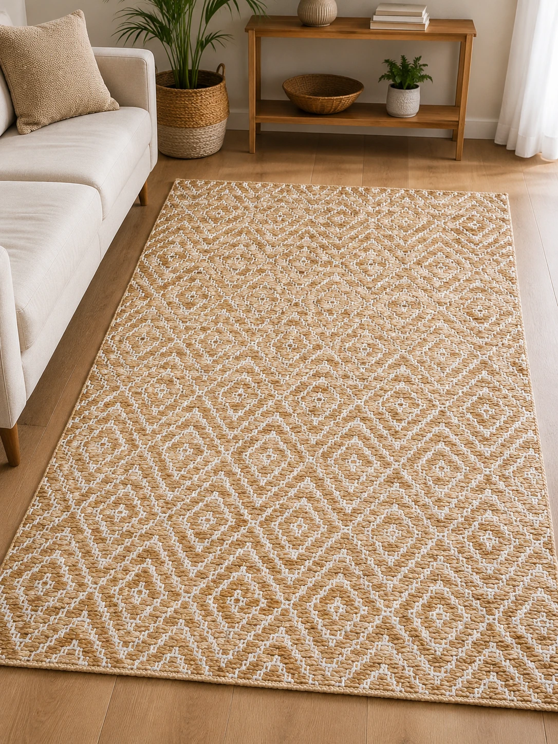 Handwoven jute rug styled in a living room